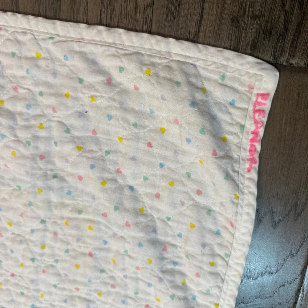 Vintage 80s Bunny Rabbit Balloons Baby Quilt Pastel Colors Nursery Decor Blanket